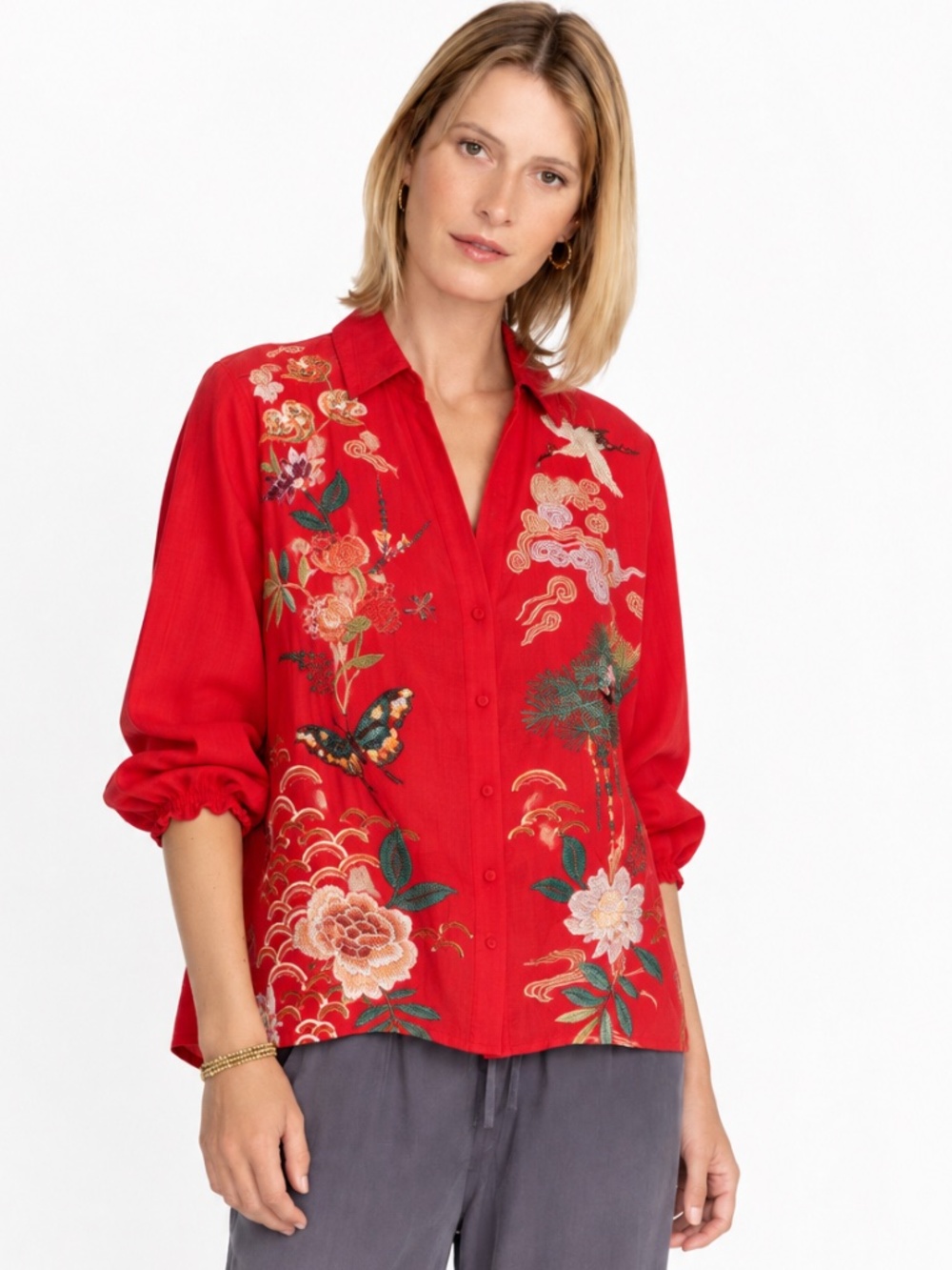 NWOT Johnny Was Heron Relaxed Smocked Embroidered Shirt Red S